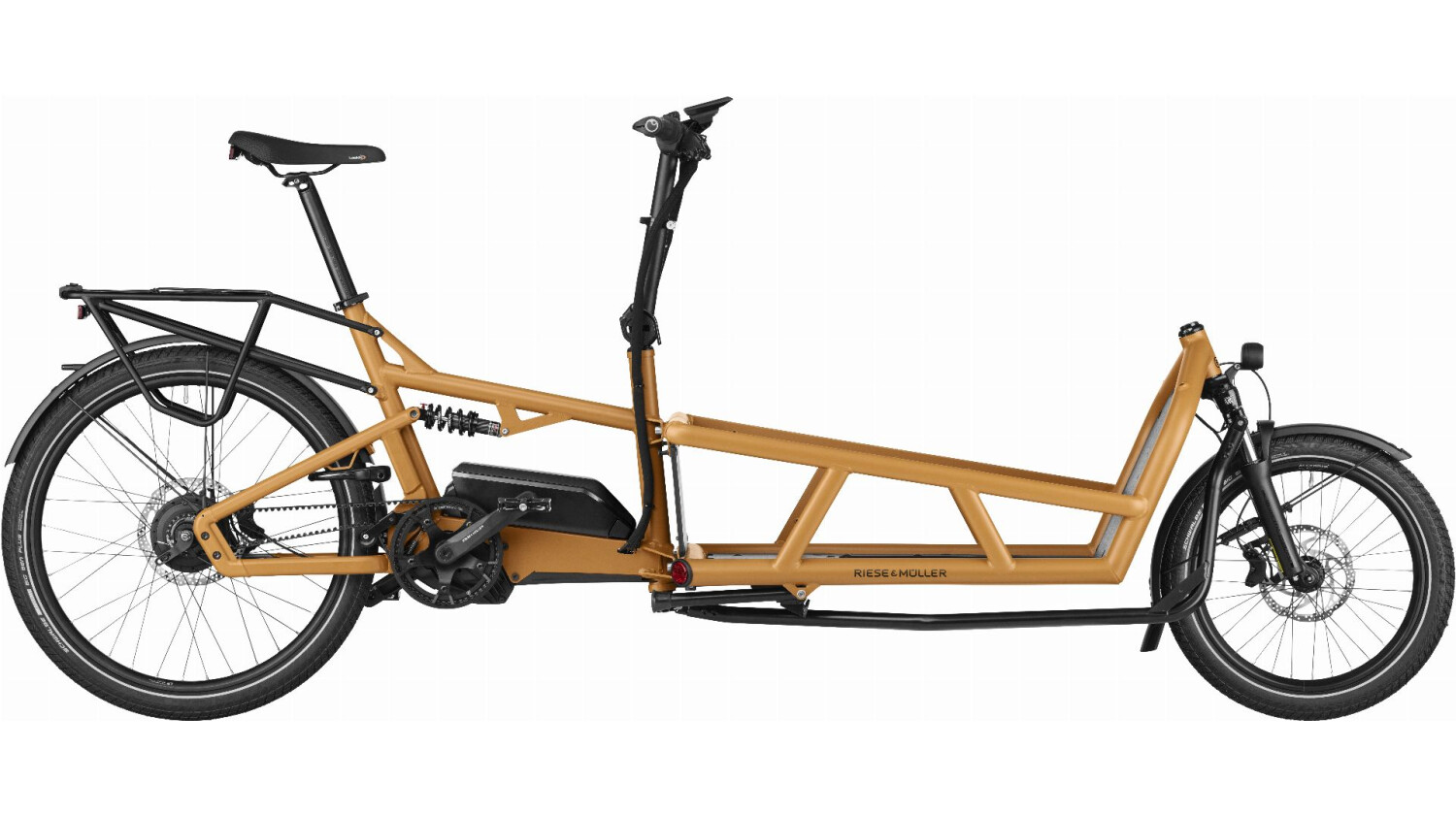Riese & Müller Cargo Load4 75 vario, E-Lastenrad 20"/26" 725 Wh, 3 Kindersitze Fußraum, niedrige Seitenwände Kinderverdeck, Gepäckträger, RX, Kiox300,  peanut matt, TB