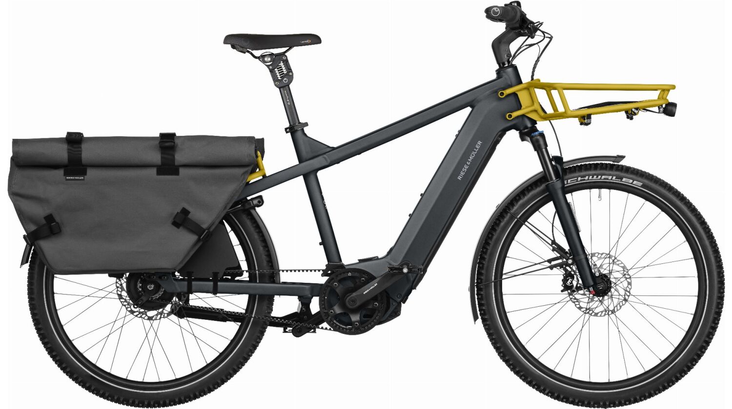 Riese & Müller Multicharger2 GT vario 750 Wh E-Bike Diamant 27,5" GX, Cargo-Frontgepäckträger, Cargo-Taschen, RX, Intuvia100, utility grey-curry matt TB 51 cm