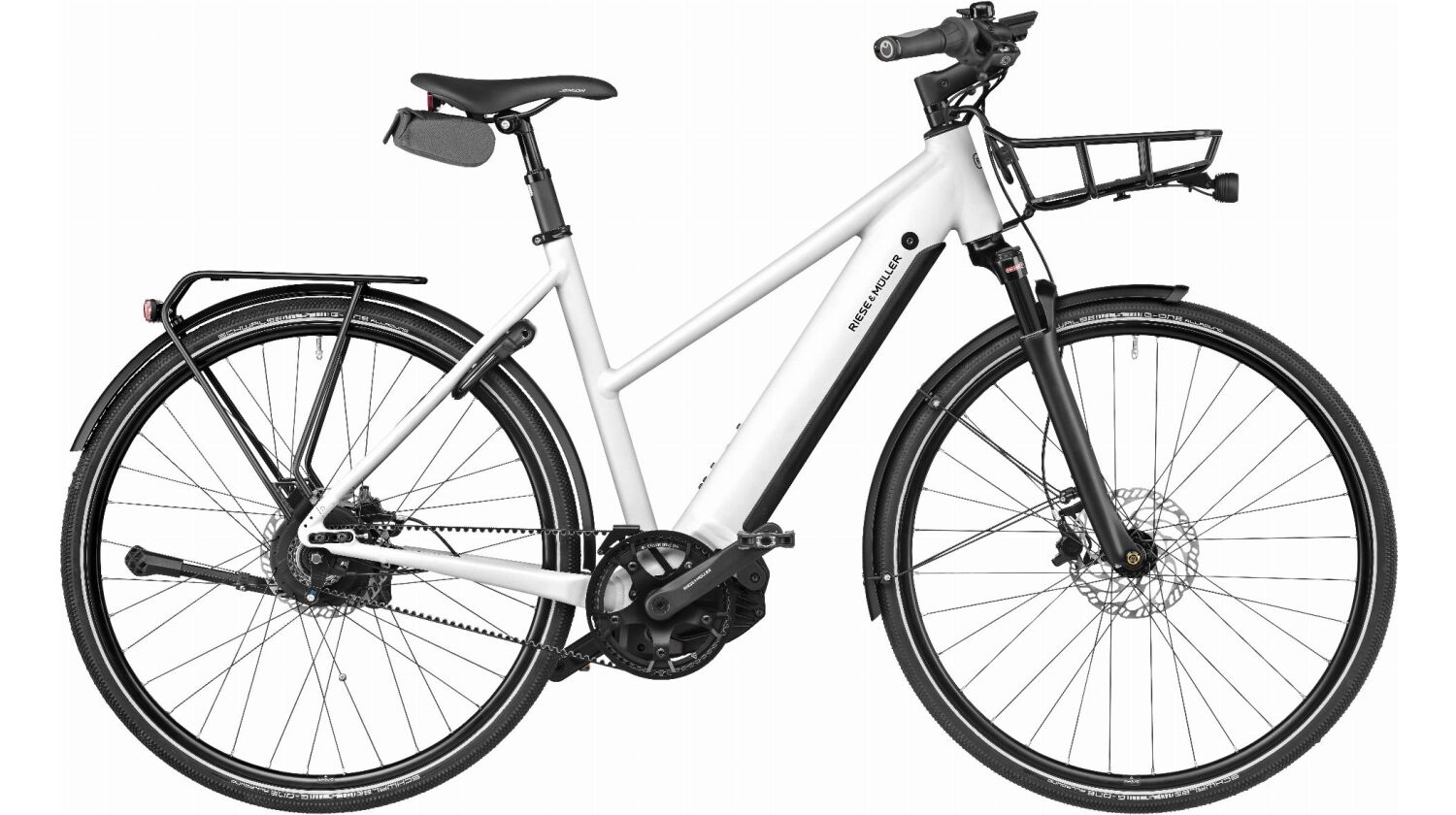 Riese & Müller Roadster4 Mixte vario, 625 Wh E-Bike Trapez 28" Gepäckträger, Frontgepäckträger,  Comfort Kit, RX, Rahmenschlosskette mit Tasche, Kiox Display, crystal white TB 45 cm