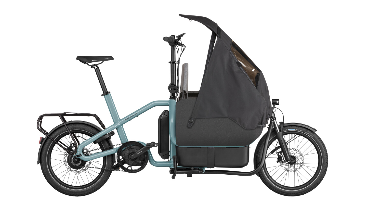 Riese & Müller Carrie vario, 545 Wh, E-Lastenrad 20" RX, Intuvia, Ladefläche FlexBox, Kindersitz, Regenschutz, aqua TB