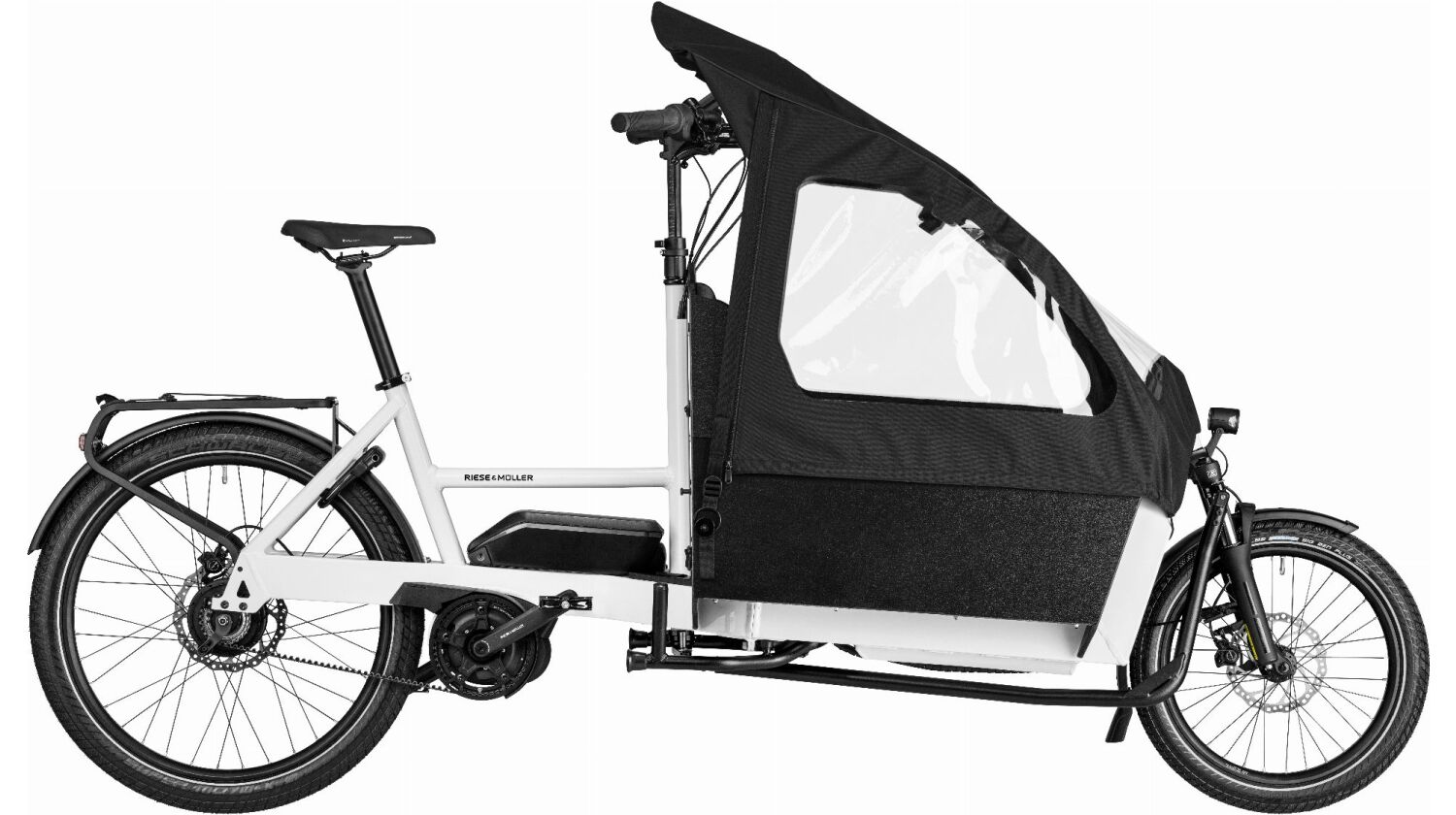 Riese & Müller Transporter2 65 vario, 545 Wh, E-Lastenrad 20"/26" Box, Doppel-Kindersitz, Kinderverdeck, Gepäckträger, RX, Intuvia100, true white TB