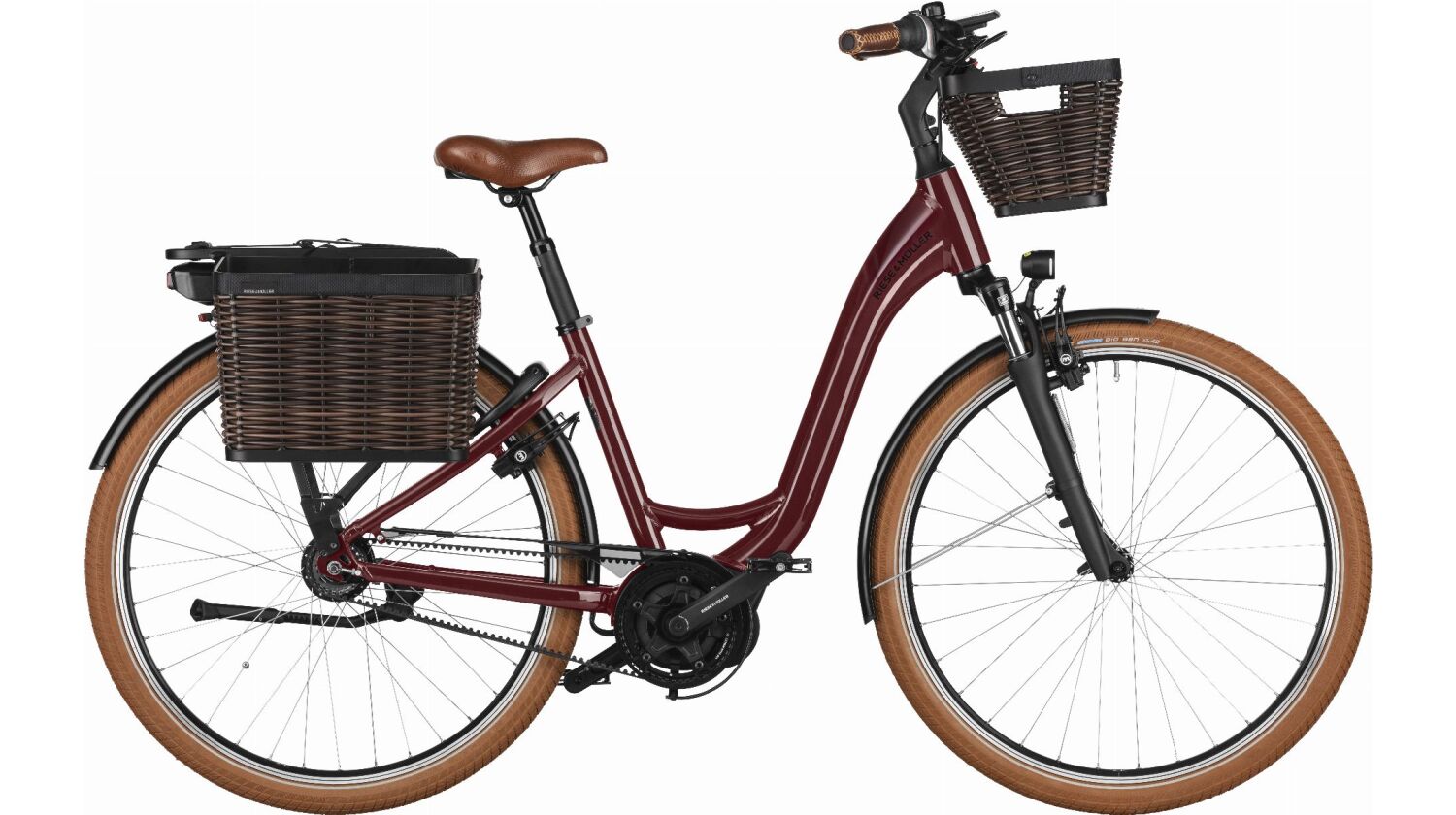 Riese & Müller Swing4 silent, 500 Wh E-Bike Wave 28", Frontkorb und Gepäckträgerkorb, RX, Intuvia  100, bordeaux TB 46 cm