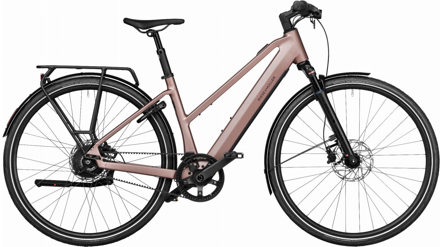 Riese & Müller UBN Seven vario 430 Wh E-Bike Trapez 28" LED Hub, Gepäckträger UBN, Rahmenschloss, Suspension Kit rose TB 45 cm