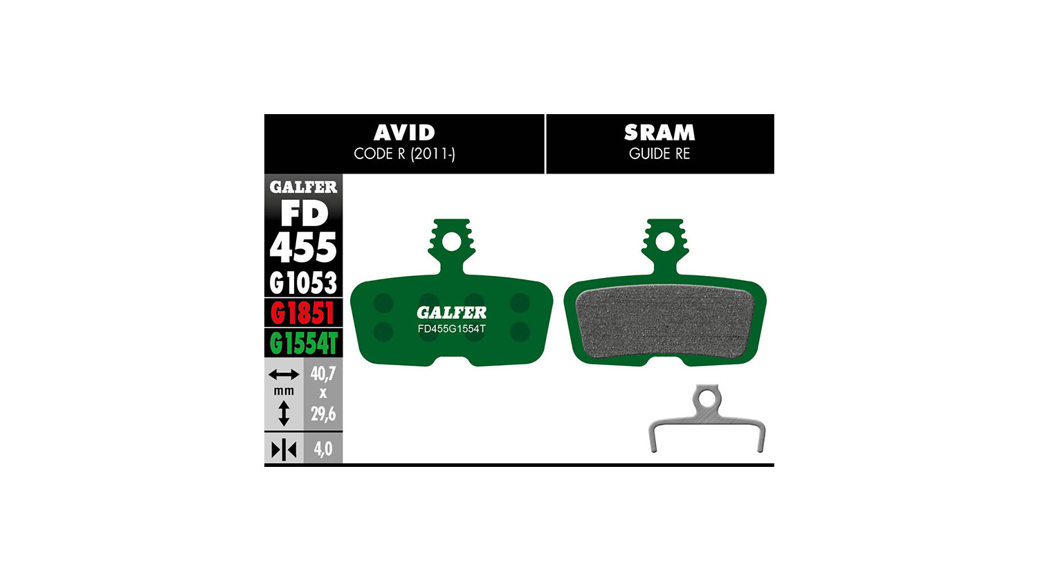Galfer Bremsbelag Pro SRAM Code R 2011, RSC, Guide RE, DB8, G2 RE 40,7 x 29,6 mm 1 Paar grün