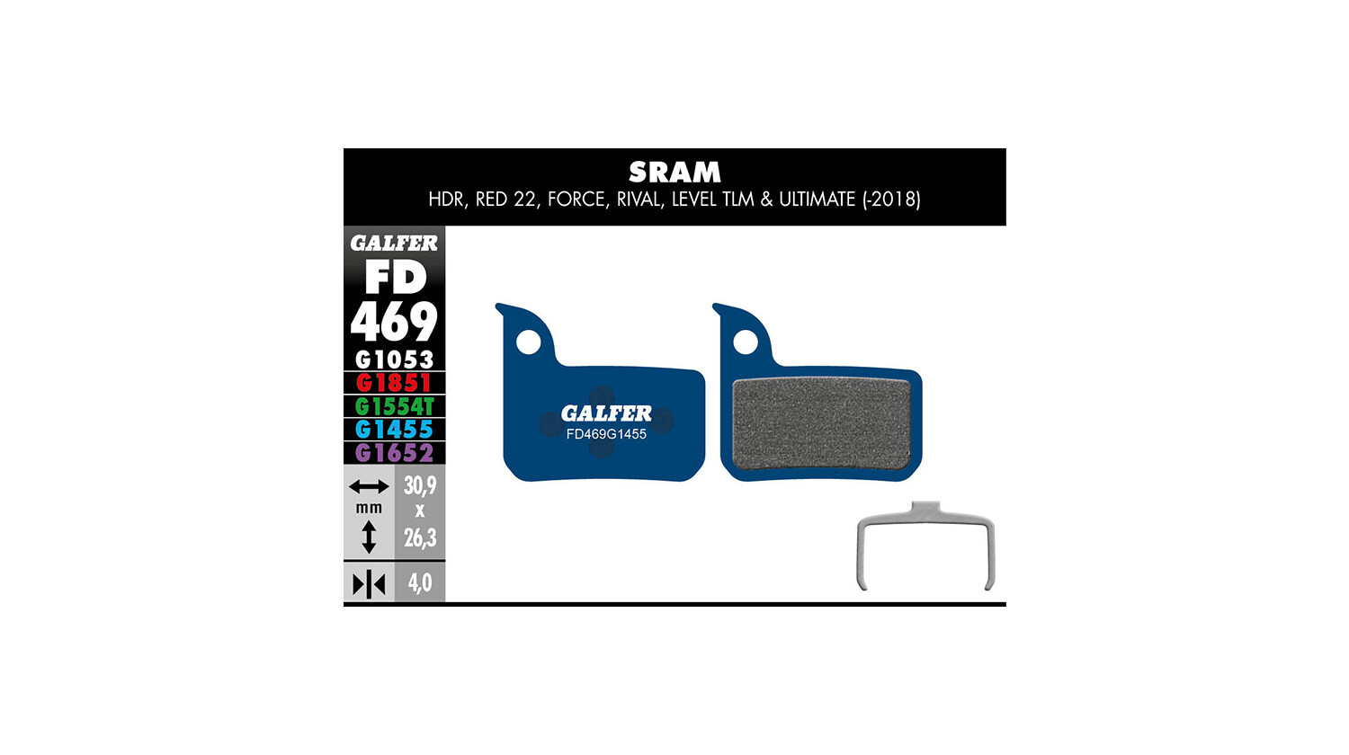 Galfer Bremsbelag Road SRAM HRD, Red/ Force/ Rival 22, CX1, Apex 1, Level 30,9 x 26,3 x 4 mm 1 Paar blau
