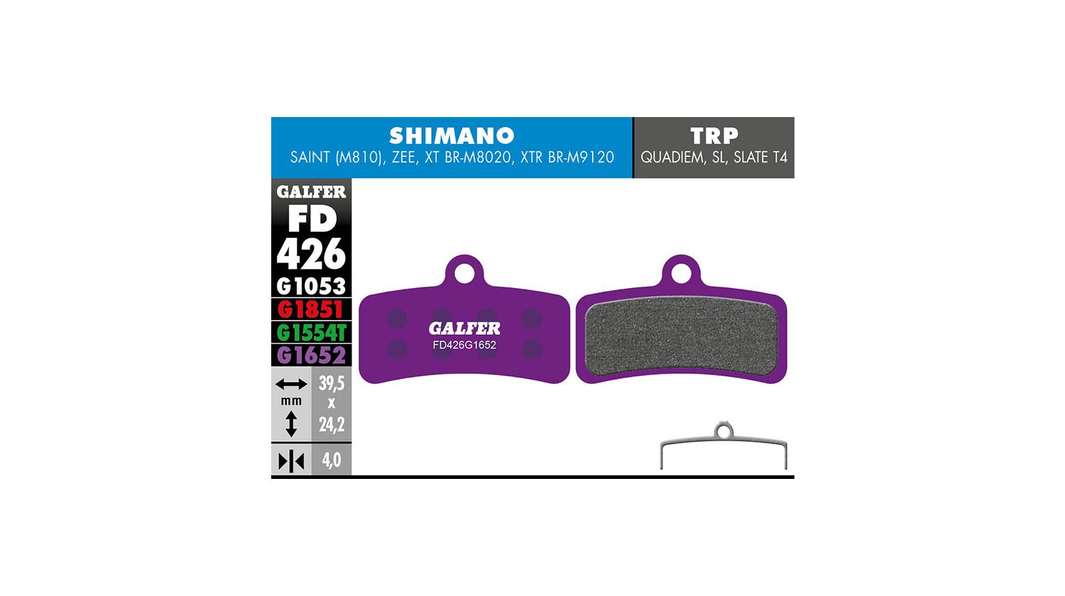 Galfer E-Bike Bremsbelag Shimano 4-Kolben: Saint, Zee, XTR, XT, SLX, Deore 39,5 x 24,2 x 4 mm 1 Paar violett